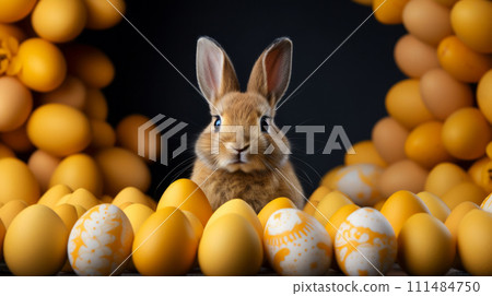 Bunny peeking over Yellow Easter Eggs. An adorable brown rabbit with many yellow Easter eggs set against a dark background 111484750