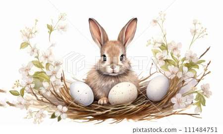 Bunny in Nest with Eggs and Blossoms. Watercolor illustration of cute rabbit cozily nestled in a springtime nest with eggs and delicate white flowers. Easter greeting card Bunny in Nest with Eggs and Blossoms. Watercolor illustration of cute rabbit cozily nestled in a springtime nest with eggs and delicate white flowers. Easter greeting card 111484751