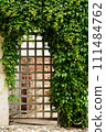 An iron gate partially concealed by a cascade of lush green vines, overgrown with lush green ivy in a stone old courtyard. Secluded garden or urban oasis, tranquility and harmony 111484762