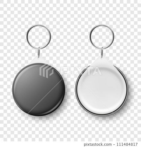 Vector 3d Realistic Black Blank Round Button Badge with Ring Holder Closeup, Isolated. ID Badge Design Template, Mockup. Design Template for Access Pass, Identification, Events. Front, Back Side View 111484817
