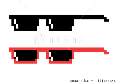 Vector Pixel Boss Glasses Icon Set in 8 bit Retro Style. Summer Meme Game Thug Design, Mafia Gangster Funky Sunglasses. Rap Music Design Element 111484823