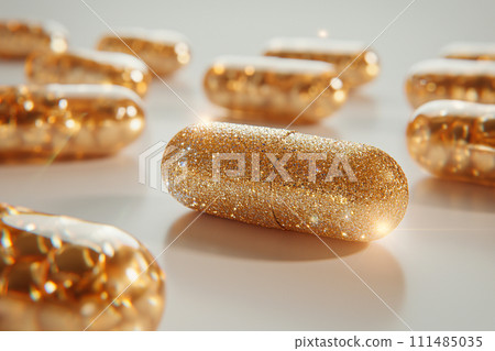 Golden capsule pills with diamonds. Expensive treatment concept, expensive medicine, medications, premium luxury healthcare. Rising drug prices. The best supplements, vitamins, essential microelements Golden capsule pills with diamonds. Expensive treatment concept, expensive medicine, medications, premium luxury healthcare. Rising drug prices. The best supplements, vitamins, essential microelements 111485035