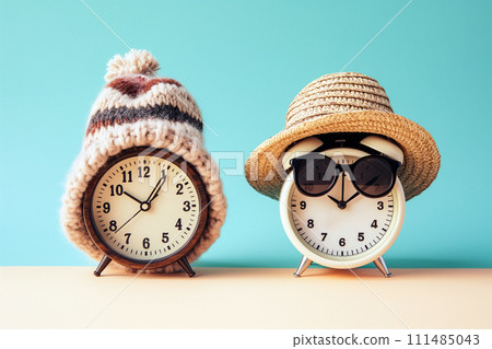 Spring forward fall back concept. Alarm clocks dressed in winter and summer accessories. Summer hat and glasses and winter hat as a symbol of season and time change. Switch to summer or winter time 111485043