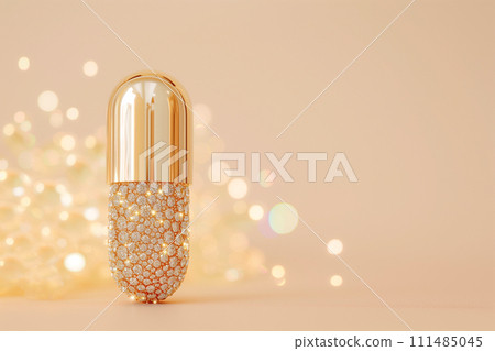 Golden capsule pill with diamonds. Expensive treatment concept, expensive medicine, medications, premium luxury healthcare. Rising drug prices. The best supplements, vitamins, essential microelements 111485045