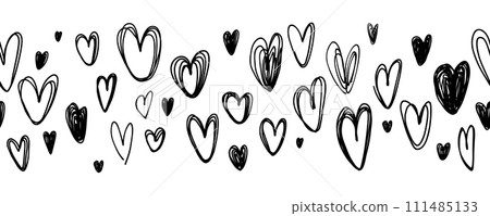Vector seamless border with hand drawn balck hearts on a white background. Valentine's day design. 111485133