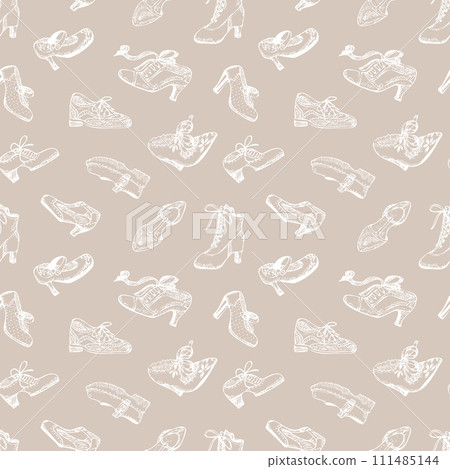 Woman fashion - shoe collection background. Vintage vector hand-drawn seamless pattern 111485144