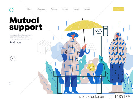 Mutual Support: Offer an umbrella to a stranger -modern flat vector concept illustration of a at a bus stop in the rain offering an umbrella A metaphor of voluntary, collaborative exchanges 111485179