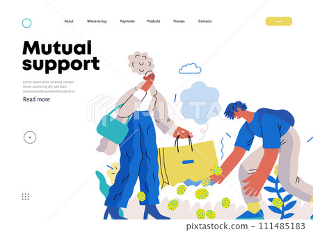 Mutual Support: Pick up fallen item -modern flat vector concept illustration of man collecting fruits that fell from woman's bag A metaphor of voluntary, collaborative exchanges of resource, services 111485183
