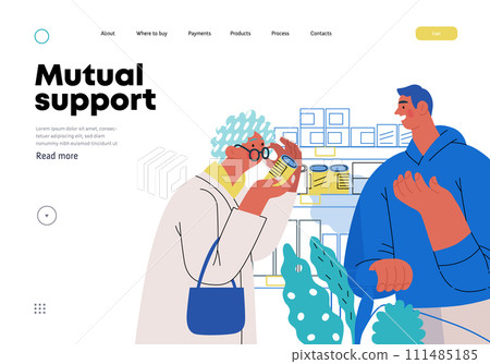 Mutual Support: Helping a visually impaired person -modern flat vector concept illustration of man offering to read label for woman in supermarket A metaphor of voluntary, collaborative exchanges Mutual Support: Helping a visually impaired person -modern flat vector concept illustration of man offering to read label for woman in supermarket A metaphor of voluntary, collaborative exchanges 111485185