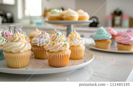 AI-generated content. An assortment of cupcakes, adorned with colorful frosting and sprinkles, rest on a white plate 111485195