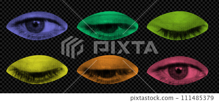 A pack of rainbow eyes cut out as if from a magazine. An isolated look. Vector halftone rainbow elements for collage with different emotions. Frame to frame animation 111485379