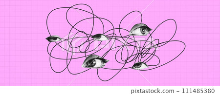 Pink Plaid background with tangled line and halftone effect eyes. Bright teenage concept. Vector modern girly trendy illustration 111485380