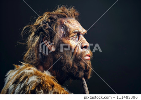 Neanderthal man in cave, portrait of bearded caveman on dark background, face of primitive human of prehistoric era. Concept of Homo Sapiens, ancient people and history 111485396