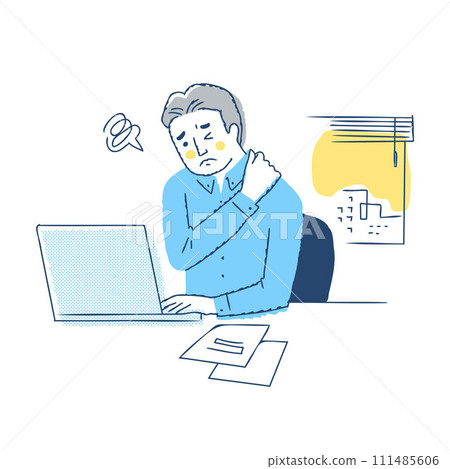 A man working at a desk suffering from stiff shoulders A man working at a desk suffering from stiff shoulders 111485606