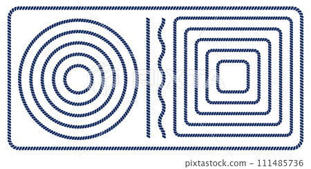 Set of round and square rope frames, straight and wavy cord borders isolated on white background. Thread, twine, jute, cable elements. Maritime, yacht, sea, ocean ornaments 111485736