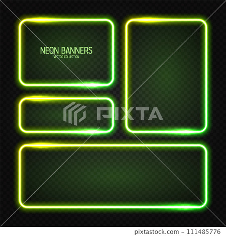 Glowing neon banners, illuminated colorful square frames. Shiny vibrant border, glow effect. Green vintage retro lights, night illumination. Modern futuristic UI design elements. Vector illustration Glowing neon banners, illuminated colorful square frames. Shiny vibrant border, glow effect. Green vintage retro lights, night illumination. Modern futuristic UI design elements. Vector illustration 111485776