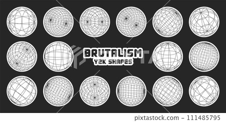 Wireframe shapes, lined sphere. Perspective mesh, 3d grid. Modern trendy low poly geometric elements. Retro futuristic design elements, y2k, vaporwave and synthwave style. Vector illustration 111485795