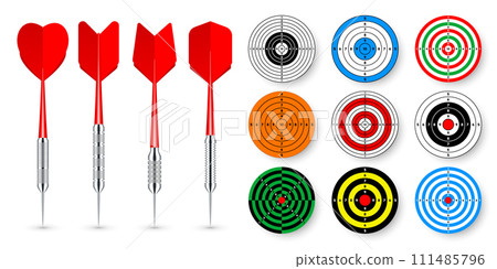 Paper targets with dart arrows and shadows. Shooting range round target, divisions, marks and numbers. Gun shooting practise and training, sport competition. Bullseye and aim. Vector illustration 111485796