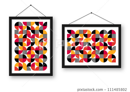 Picture frame with geometric trendy pattern. Modern background, simple elements. Retro texture, basic geometric shapes. Print design, minimalist poster cover. Vector illustration 111485802