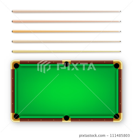 Various wooden billiard cues and green pool table. Snooker sports equipment. Vintage cue. Recreation and hobby, competitive game. Vector illustration Various wooden billiard cues and green pool table. Snooker sports equipment. Vintage cue. Recreation and hobby, competitive game. Vector illustration 111485803
