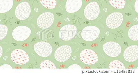 Light green Happy Easter seamless pattern with white decorated eggs, branches and flowers. Cute spring ornate egg texture for Easters package, gift wrapping paper, textile, background 111485832