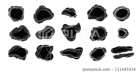 Set of vector grunge black stain and white wavy line frames. Collection of ink freehand organic borders, clouds for speech texts, advertisement, decor element 111485834