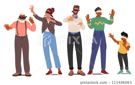 Blindfolded Characters Tentatively Reach Out, Guided By Touch Alone. Fingers Seeking Connection With Surroundings 111486063