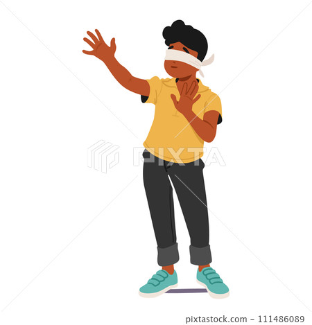 Blindfolded Boy Extends Hands Tentatively, Exploring The Unknown With Cautious Curiosity. His Senses Heightened Blindfolded Boy Extends Hands Tentatively, Exploring The Unknown With Cautious Curiosity. His Senses Heightened 111486089