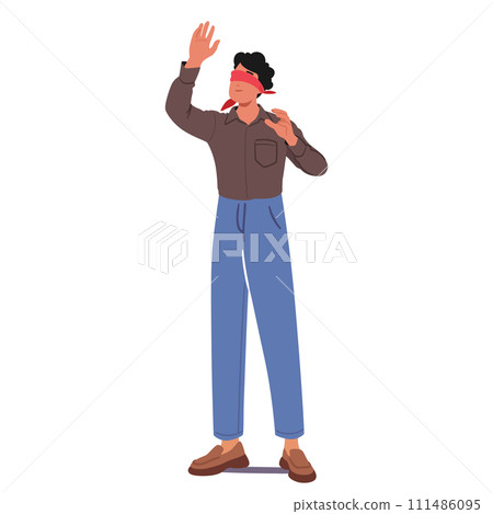 Blindfolded Man Extends Hands Cautiously, Relying On Touch To Navigate Surroundings. A Sensory Journey Unfolds Blindfolded Man Extends Hands Cautiously, Relying On Touch To Navigate Surroundings. A Sensory Journey Unfolds 111486095