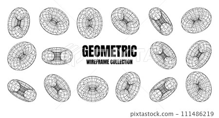 Wireframe shapes, lined torus. Perspective mesh, 3d grid. Low poly geometric elements. Retro futuristic design elements, y2k, vaporwave and synthwave style. Vector illustration Wireframe shapes, lined torus. Perspective mesh, 3d grid. Low poly geometric elements. Retro futuristic design elements, y2k, vaporwave and synthwave style. Vector illustration 111486219