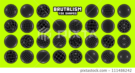 Wireframe shapes, lined sphere. Perspective mesh, 3d grid. Modern trendy low poly geometric elements. Retro futuristic design elements, y2k, vaporwave and synthwave style. Vector illustration 111486242