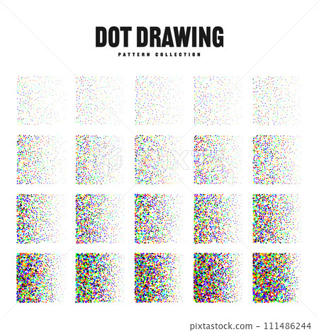 Square shaped dotted objects, vintage stipple elements. Stippling, dotwork drawing, shading using dots. Halftone effect. Colored noise grainy texture, pattern. Vector illustration. 111486244