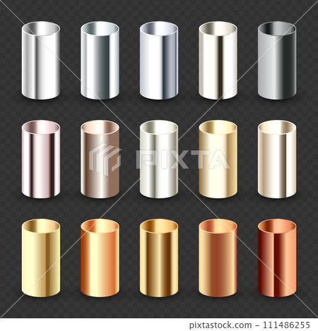 Steel and copper pipes collection. Construction material, pipeline. Industry and engineering. Polished metal texture with silver gradient. Vector illustration Steel and copper pipes collection. Construction material, pipeline. Industry and engineering. Polished metal texture with silver gradient. Vector illustration 111486255
