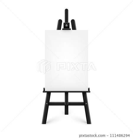 Realistic paint desk with blank white canvas. Black wooden easel and a sheet of drawing paper. Presentation board on a tripod. Artwork mockup, template. Vector illustration Realistic paint desk with blank white canvas. Black wooden easel and a sheet of drawing paper. Presentation board on a tripod. Artwork mockup, template. Vector illustration 111486294