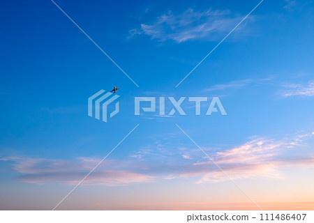 Airplane flying in the sunset sky Airplane flying in the sunset sky 111486407