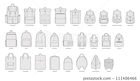 Set of Fashion School Sport backpacks silhouette bag. Fashion accessory technical illustration. Vector schoolbag front 111486466