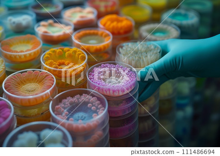 AI-generated content. Lab Technician Organizing Petri Dish Bacterial Cultures 111486694