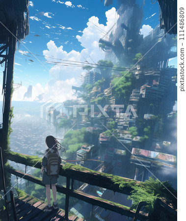 神秘的天空廢墟插畫背景 神秘的天空廢墟插畫背景 111486809