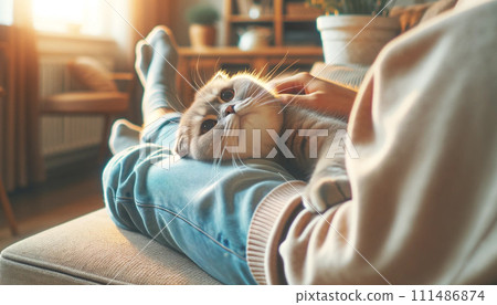 一隻寵物貓依偎在主人的腿上,被寵壞了 一隻寵物貓依偎在主人的腿上,被寵壞了 111486874