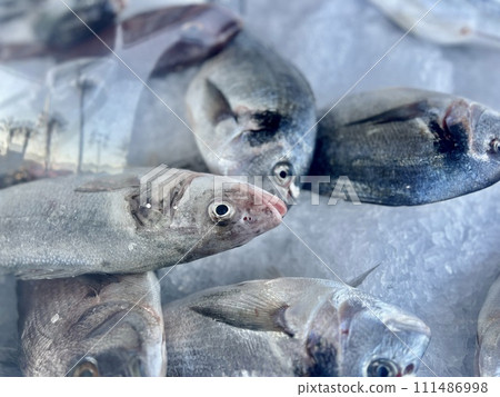 Fresh fish on ice in the supermarket. Selective focus. Shallow depth of field. Fresh fish on ice in the supermarket. Selective focus. Shallow depth of field. 111486998
