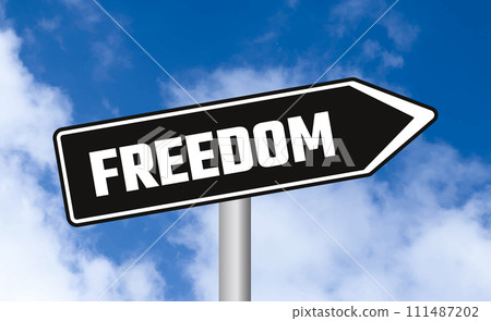 Freedom road sign on cloudy sky background 111487202