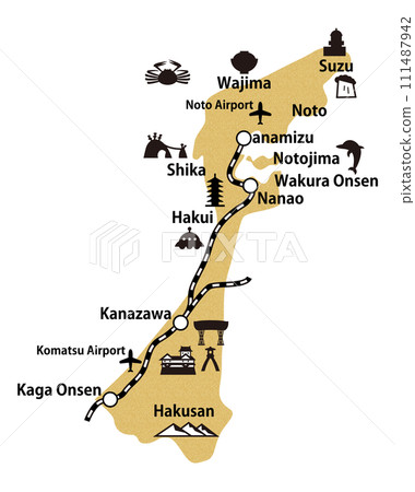 Illustrated map of Ishikawa Prefecture railroad airports with English place names_cork pattern Illustrated map of Ishikawa Prefecture railroad airports with English place names_cork pattern 111487942