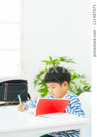 Elementary school student studying at desk 111487971