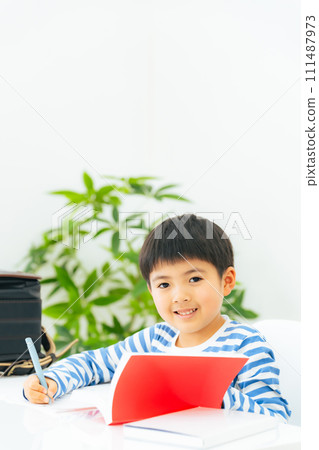 Elementary school student studying at desk Elementary school student studying at desk 111487973