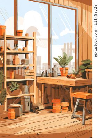 AI-generated content. Stylish Scandinavian-inspired apartment with a bright, cosy interior: Wooden wall, vintage furniture, and green plants create a beautiful, retro design concept. 111488328