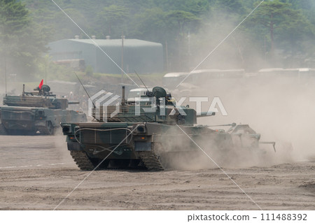 Type 90 tank with Type 92 minefield processing roller retreating Type 90 tank with Type 92 minefield processing roller retreating 111488392