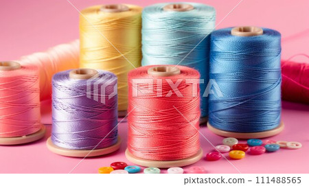 Colorful Sewing Threads and Buttons on Pink Background. Generative ai 111488565
