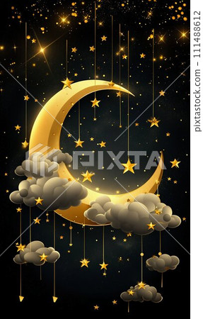 Enchanting Golden Crescent Moon Amidst the Stars and Clouds. Generative ai 111488612