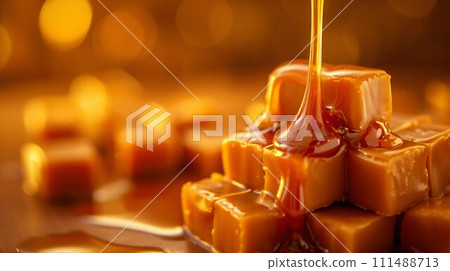 Golden Caramel Pouring Over Candies. Generative ai 111488713