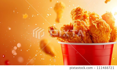 Crispy Fried Chicken in a Red Bucket. Generative ai Crispy Fried Chicken in a Red Bucket. Generative ai 111488721
